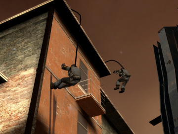 Combine Soldiers rappelling from a roof.